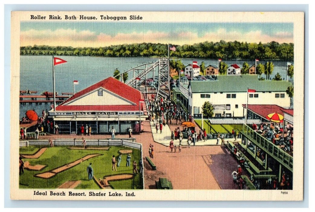 Shafer Lake IN, Roller Rink Bath House Toboggan Slide Beach Resort Postcard
