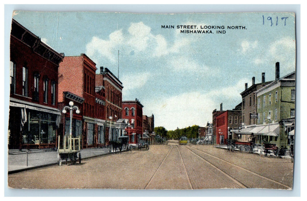 1917 Main Street Looking North Mishawaka Indiana IN Antique Posted Postcard