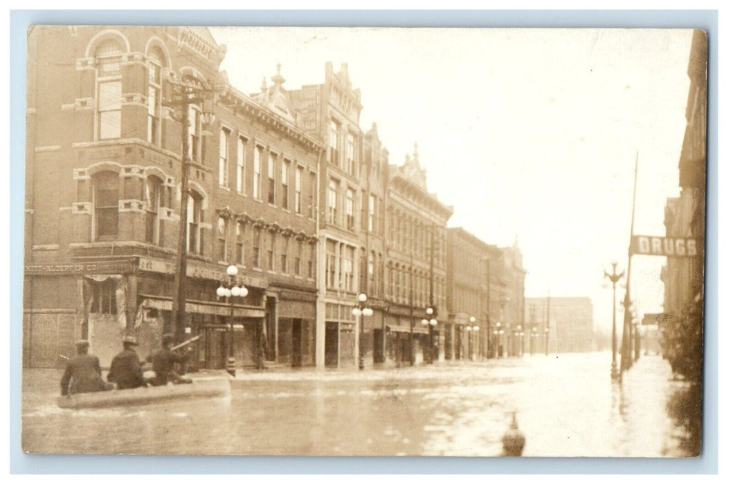 c1910's View Of Flood Boat Logansport Indiana IN RPPC Photo Antique Postcard