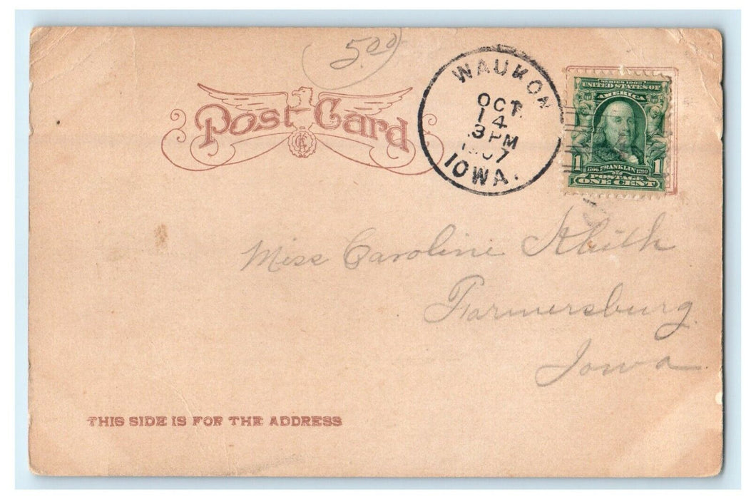 1907 View Of German Ref. Church Waukon Iowa IA Posted Antique Postcard