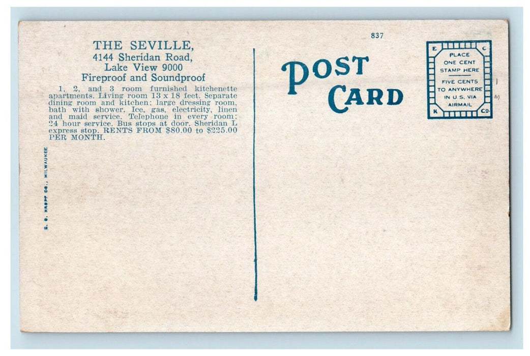 Chicago Illinois IL, The Seville Apartment Building Cars Street View Postcard