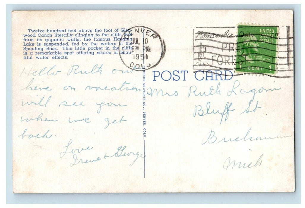 1951 Spouting Rock Hanging Lake Glenwood Springs Colorado CO Waterfall Postcard