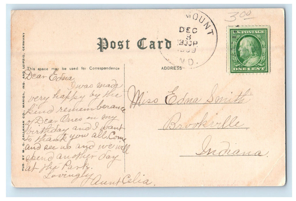 1909 Scene in Malter Park No. 1, Marion Indiana IN Antique Posted Postcard