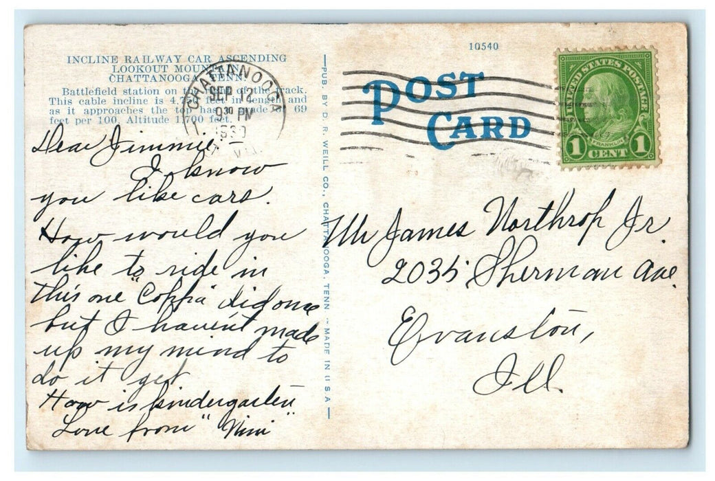 1939 Incline Railway Car Ascending Lookout Mountain Chattanooga TN Postcard