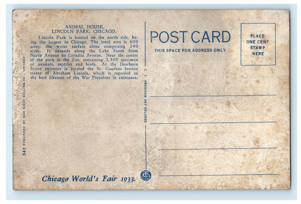Animal House Lincoln Park Zoo Chicago World's Fair 1933 Illinois IL Postcard