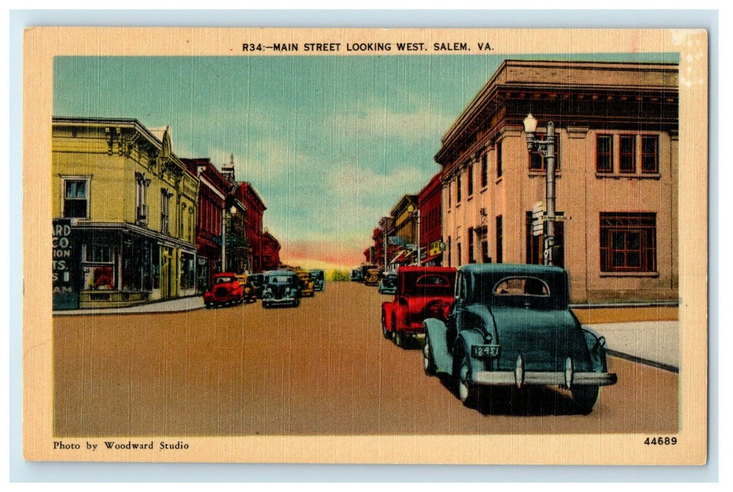 c1940's View Of Main Street Looking West Cars Salem Virginia VA Vintage Postcard