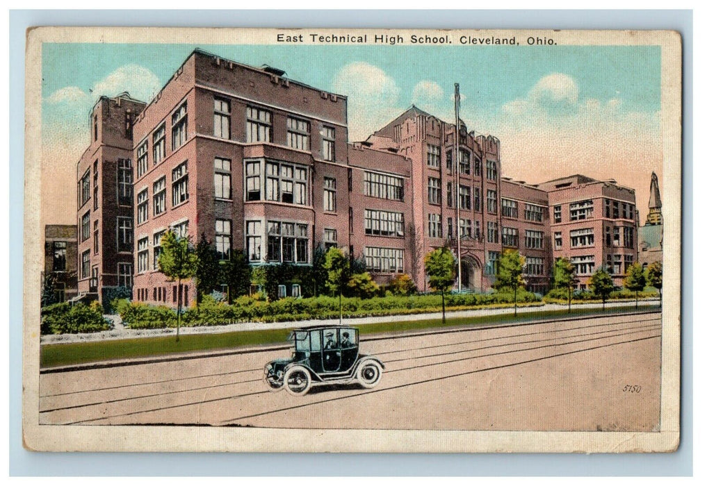 1926 East Technical High School Street View Car Cleveland Ohio OH Postcard