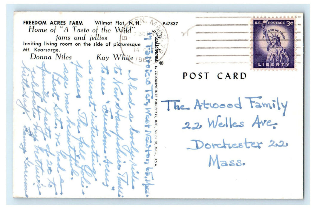 1962 Freedom Access Farm Vintage Wilmot Flat New Hampshire NH Posted Postcard
