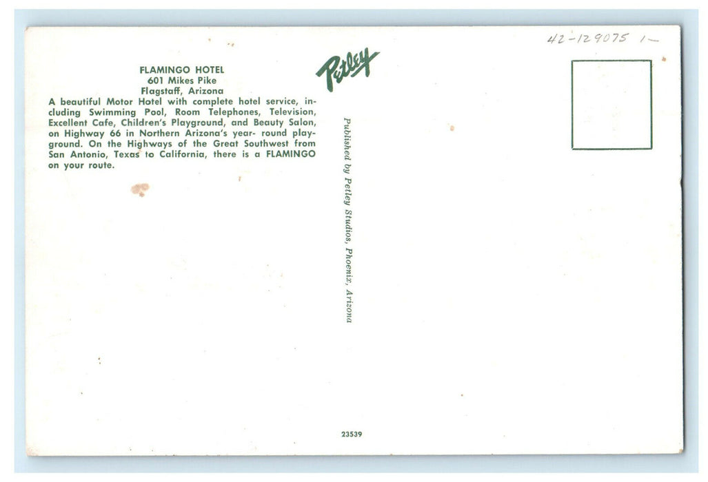 c1950s Flamingo Hotel, 601 Mikes Pike Flagstaff Arizona AZ Unposted Postcard