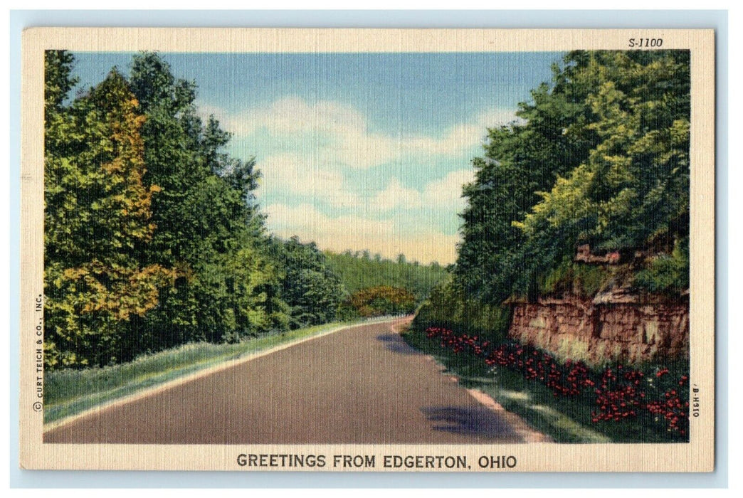 1949 Greetings From Edgerton Ohio OH Road Flowers View Postcard