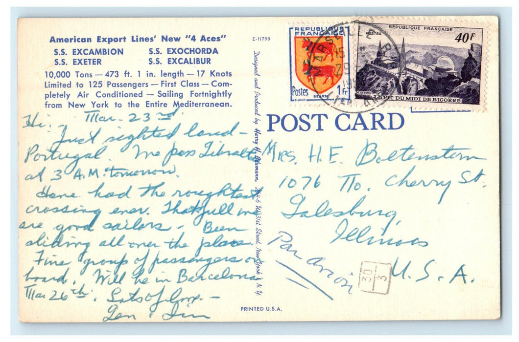 c1940 American Export Lines 4 Aces Excambion Exochorda Exeter Excalibur Postcard