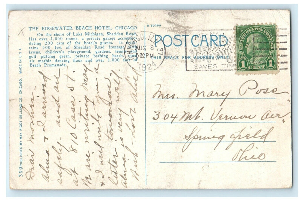 1924 View Of Edgewater Beach Hotel Chicago Illinois IL Posted Vintage Postcard