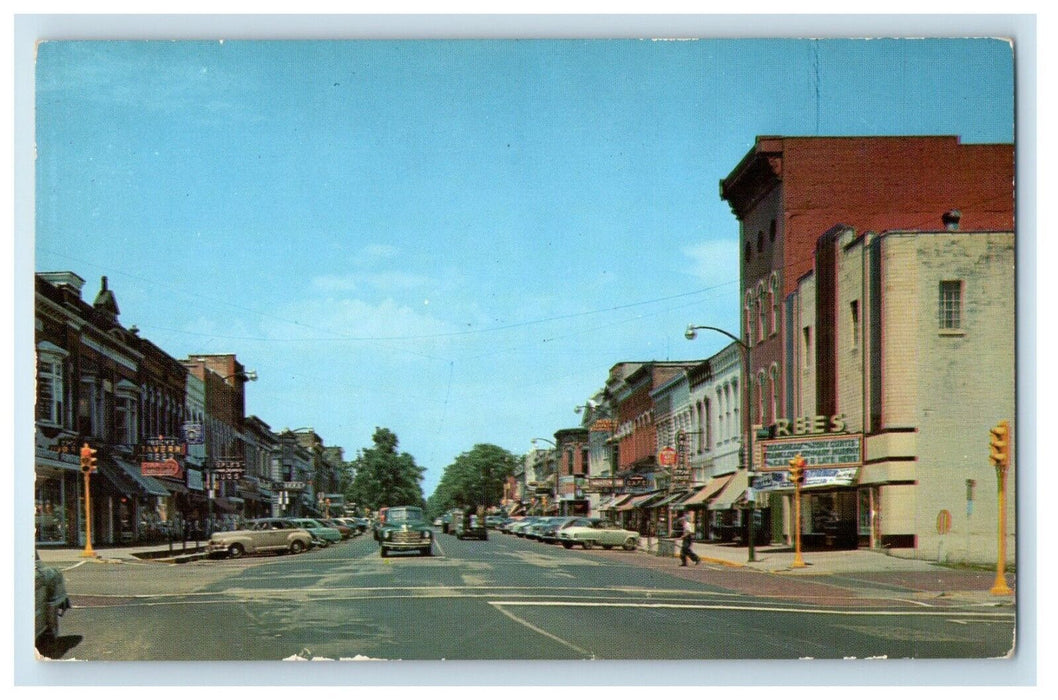 c1950's Greetings From Plymouth Indiana IN, Michigan Street Cars Postcard