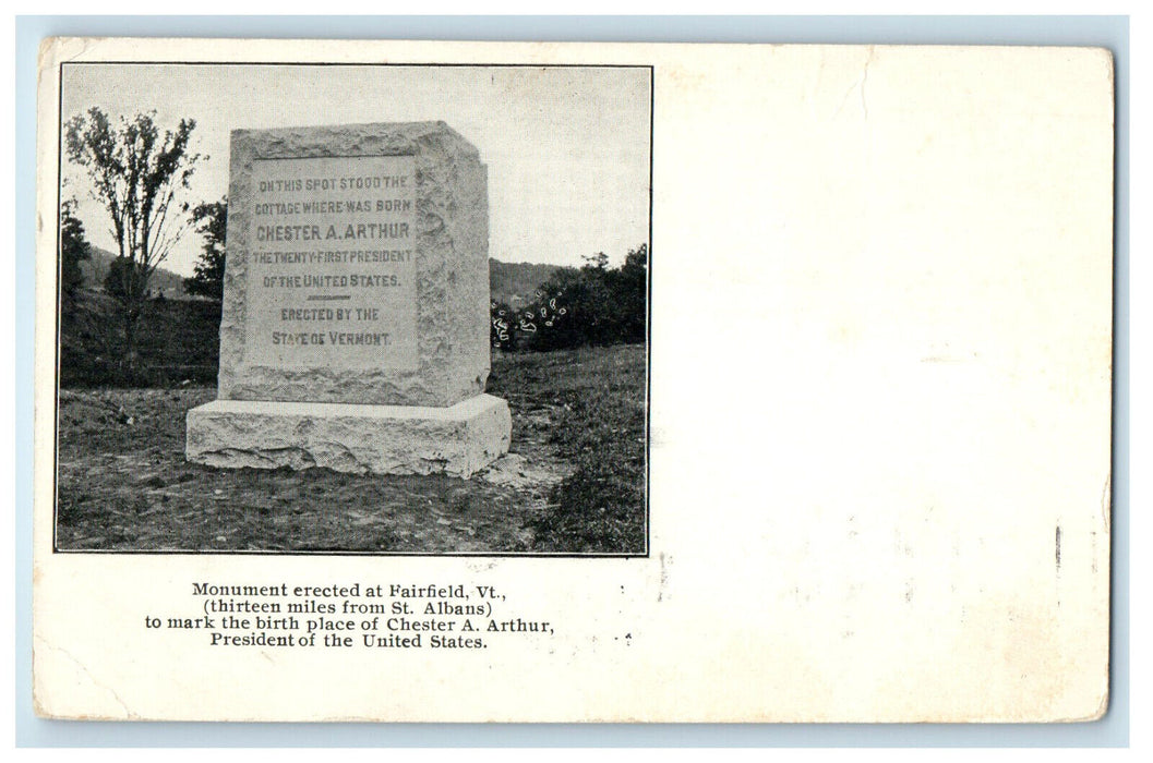 1905 Chester Arthur Birthplace, Monument at Fairfield Vermont VT PMC Postcard