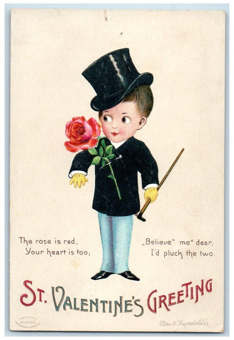 c1910's Valentine Greetings Boy With Rose Flower Clapsaddle Embossed Postcard