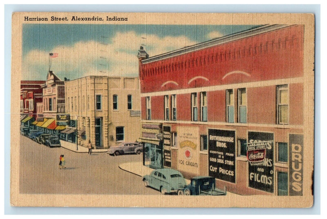 1946 Harrison Street View Cars Alexandria Indiana IN, Posted Vintage Postcard