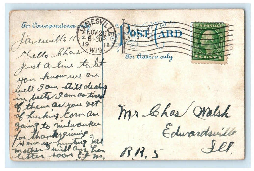 1912 Humor Joy Riding Janesville WI, Car Steering Wheel Pretend Car Postcard