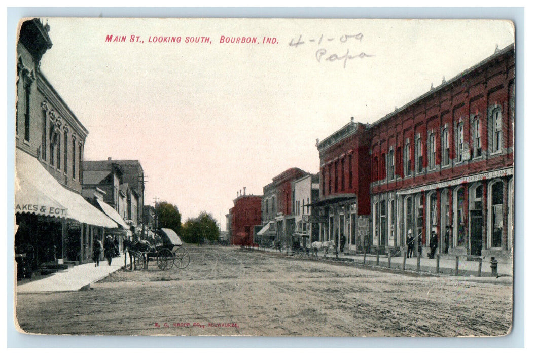 c1910 Main Street Looking South Bourbon Indiana IN Unposted Postcard