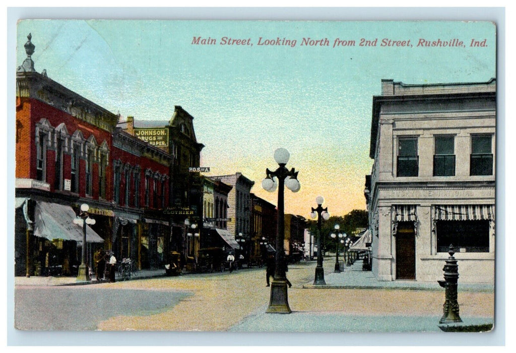 c1910's Main Street Looking North From 2nd Street Rushville Indiana IN Postcard