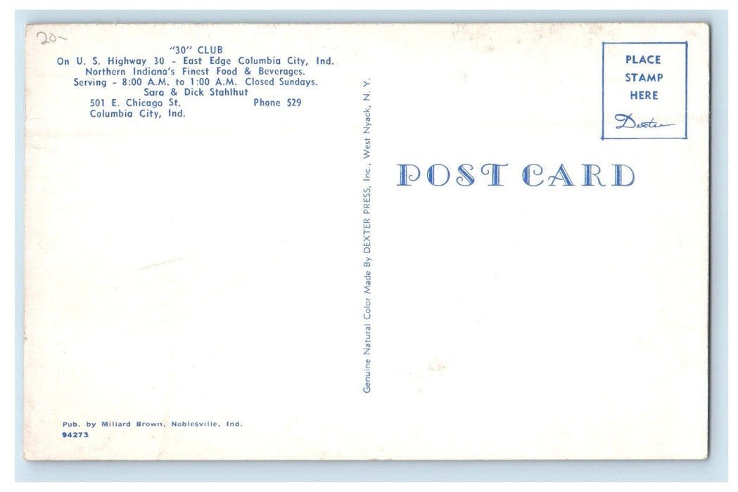 c1950's 30 Club Fine Food East Edge Columbia City Indiana IN Vintage Postcard