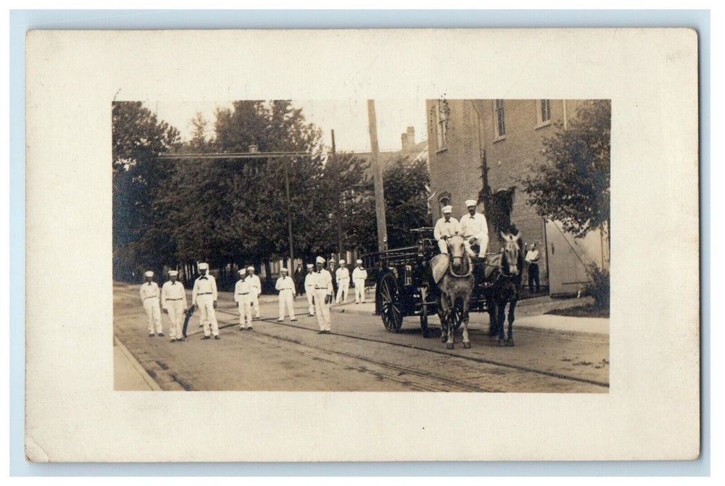 1910 Fire House Engine Wagon Bluffton Indiana IN RPPC Photo Antique Postcard