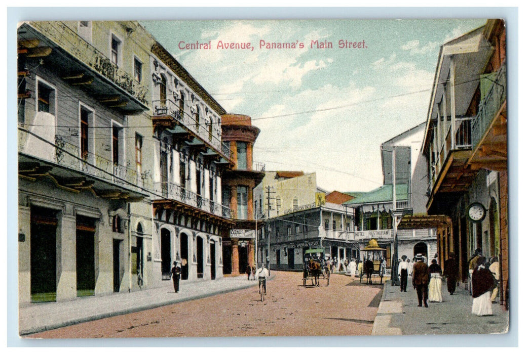 c1910 Central Avenue Main Street, People Scene, Panama Unposted Postcard