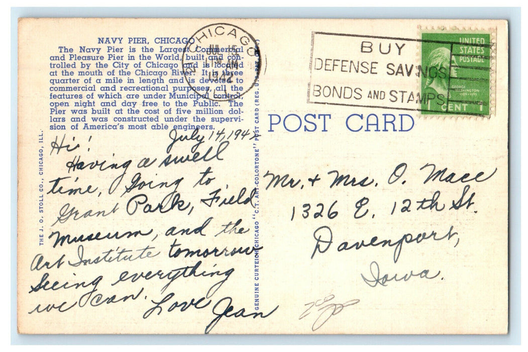 1942 Largest Commercial Pier Navy Pier, Chicago Illinois IL Cancel Postcard