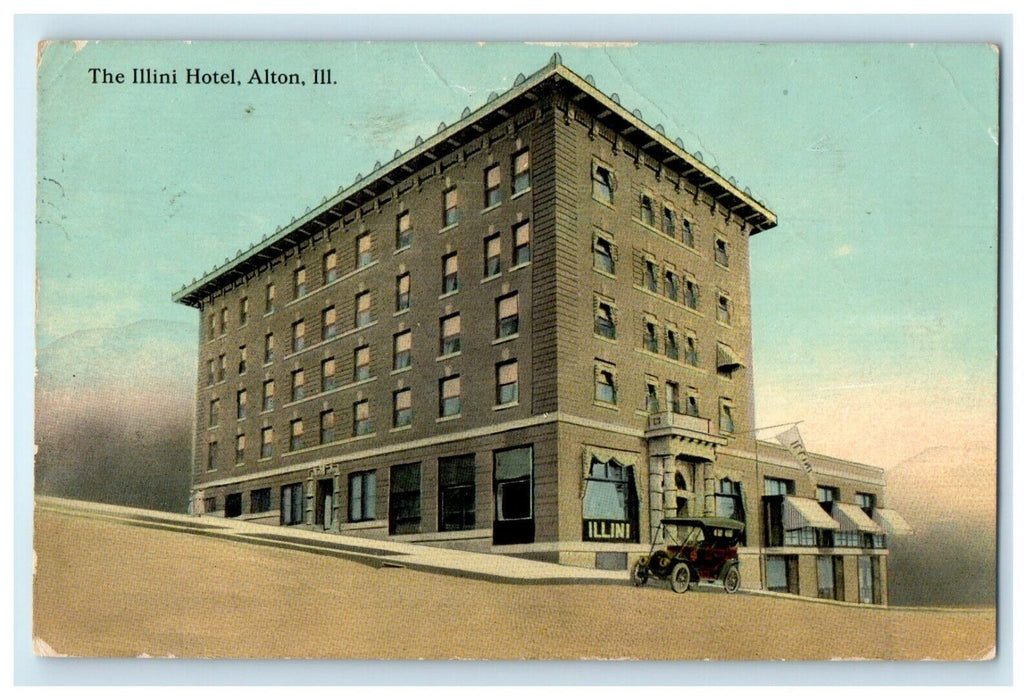 1914 The Illini Hotel Building Car Alton Illinois IL Posted Antique Postcard