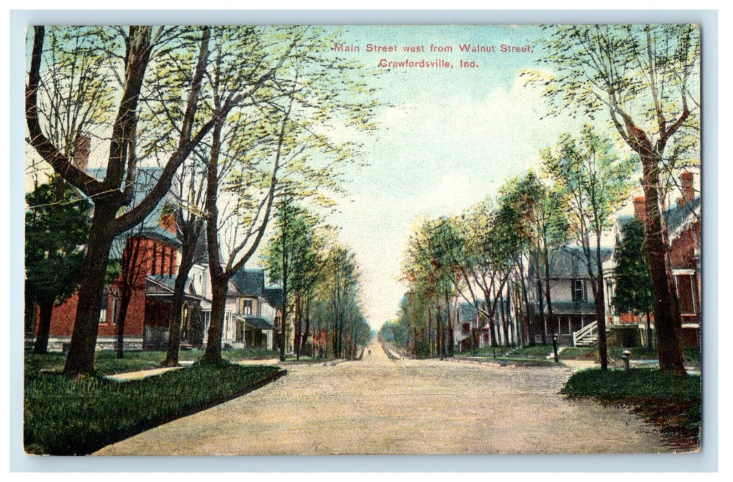 c1910 Main Street West from Walnut Street, Crawfordsville Indiana IN Postcard