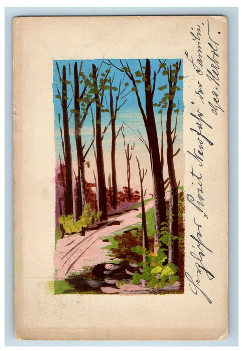 1909 Hand Painted Art Acrylic Forest Scene West Hoboken NJ Handmade Postcard