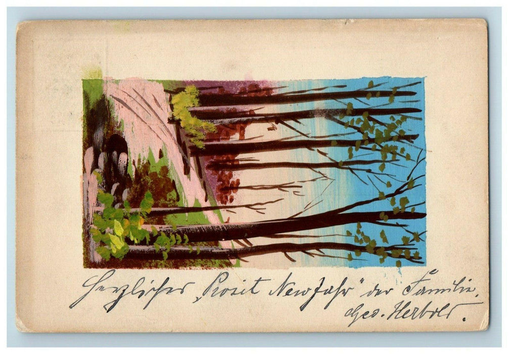1909 Hand Painted Art Acrylic Forest Scene West Hoboken NJ Handmade Postcard