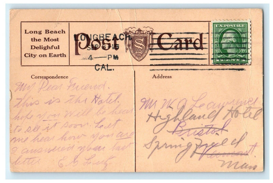1915 Hotel Schuyler Long Beach California CA Posted Advertising Postcard