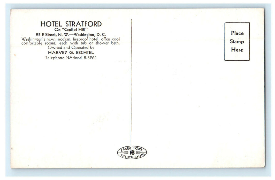 c1940s Hotel Stratford on Capitol Hill Washington DC Unposted Postcard