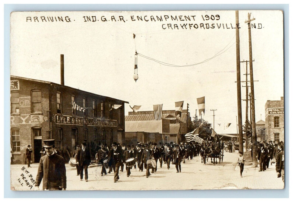 1909 Arriving Indiana G.A.R. Encampment Crawfordsville IN RPPC Photo Postcard