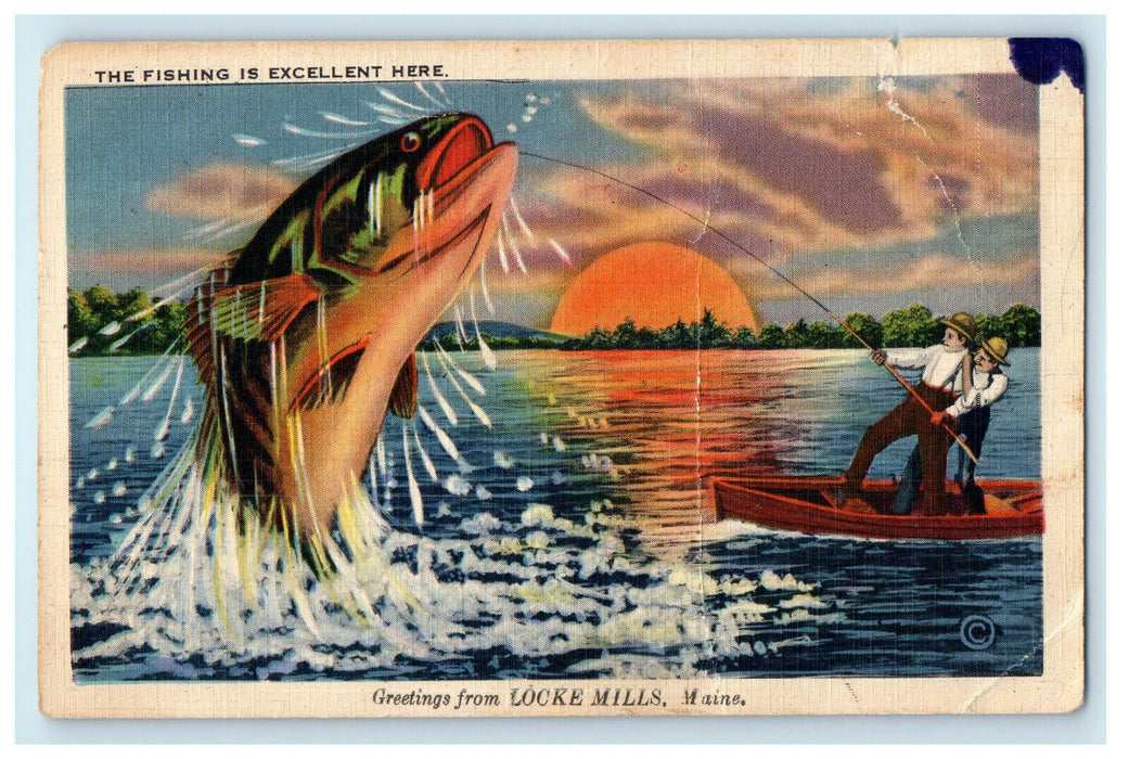 c1940s Men Catching Giant Fish, Greetings from Locke Mills Maine ME Postcard