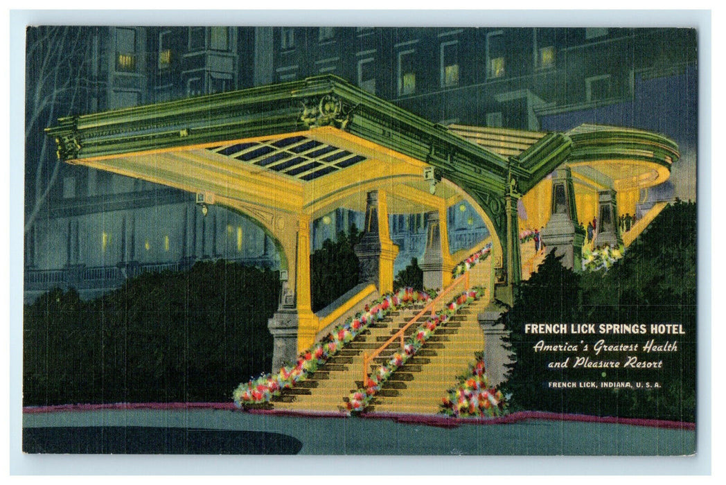 1940 Night View Entrance to French Lick Springs Hotel Indiana IN Postcard