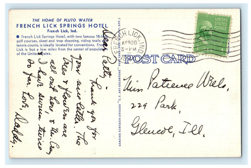 1940 Night View Entrance to French Lick Springs Hotel Indiana IN Postcard