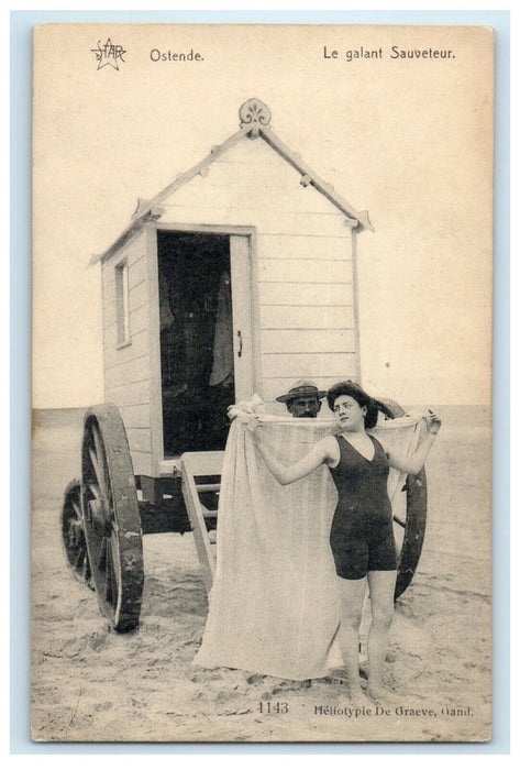 c1910s Gallant Savior Beach Swimsuit Shower Cart Ostende Belgium Postcard