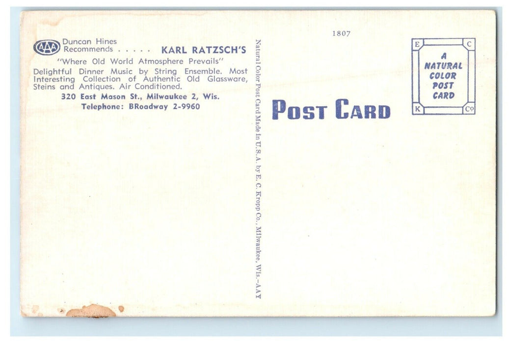 c1940's Karl Ratzsch's Restaurant Interior Dining Room Milwaukee WI Postcard