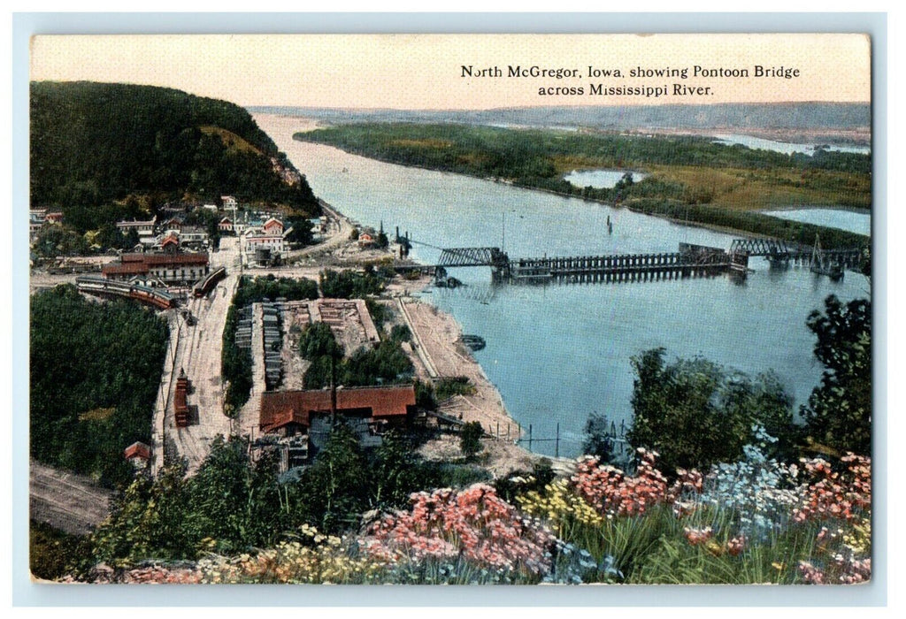 c1920's Pontoon Bridge Across Mississippi River North McGregor Iowa IA Postcard