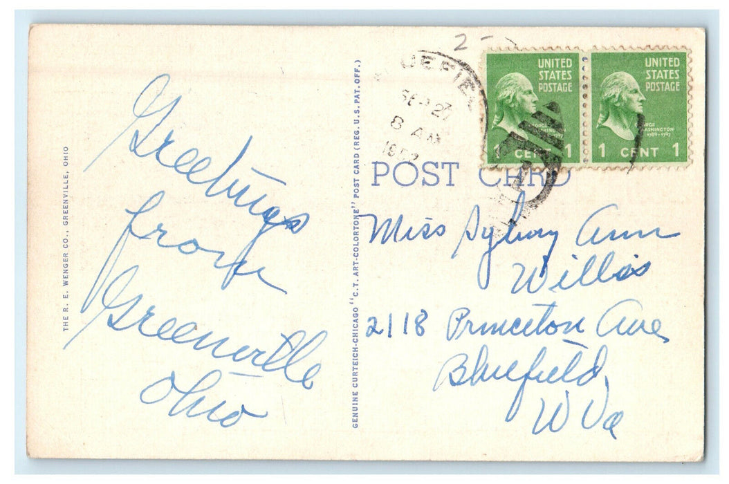 c1950s Carnegie Library, Greenville Ohio OH, Bluefield West Virginia WV Postcard