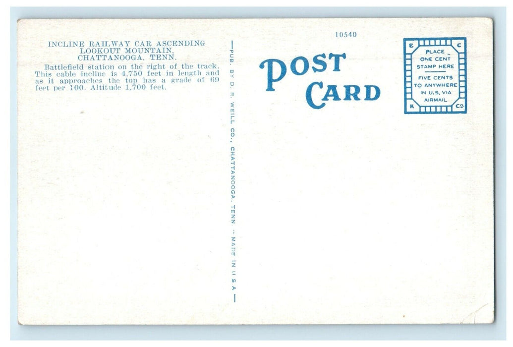 Chattanooga TN, Incline Railway Car Ascending Lookout Mountain Vinatge Postcard