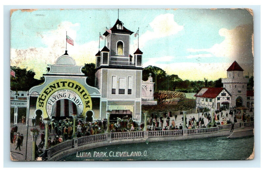 1911 Luna Park Cleveland Ohio OH, Scenitorium Flrying Lady Antique Postcard