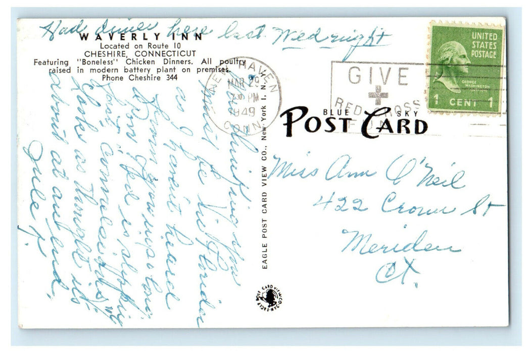 1949 Waverly Inn New England's Oldest & Finest Cheshire CT Cancel Postcard