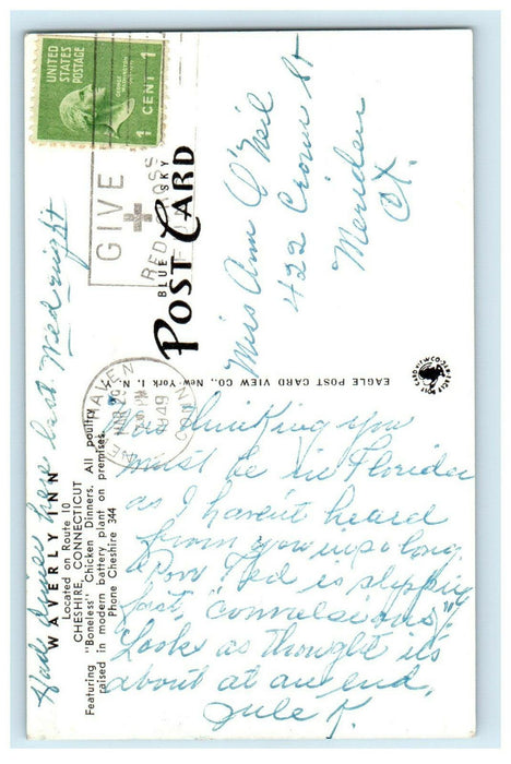 1949 Waverly Inn New England's Oldest & Finest Cheshire CT Cancel Postcard