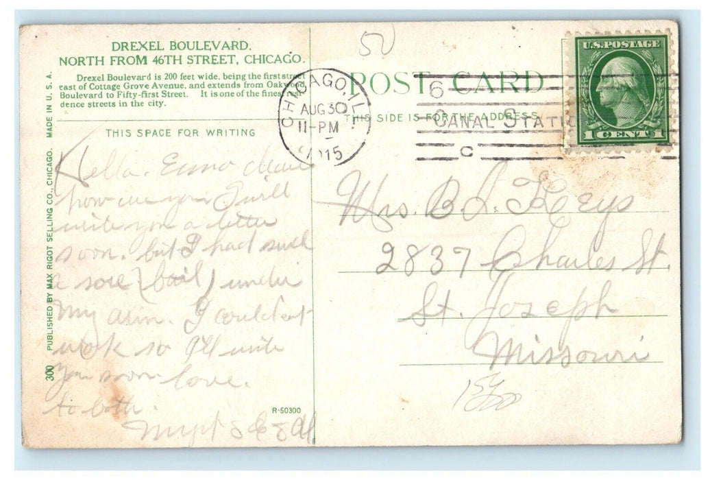 1915 Drexel Boulevard North From 46th Street Chicago Illinois IL Postcard