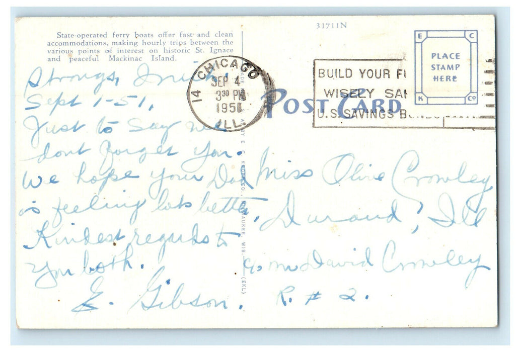 1951 Michigan State Ferries Between Mackinaw city and St. Ignace MI Postcard