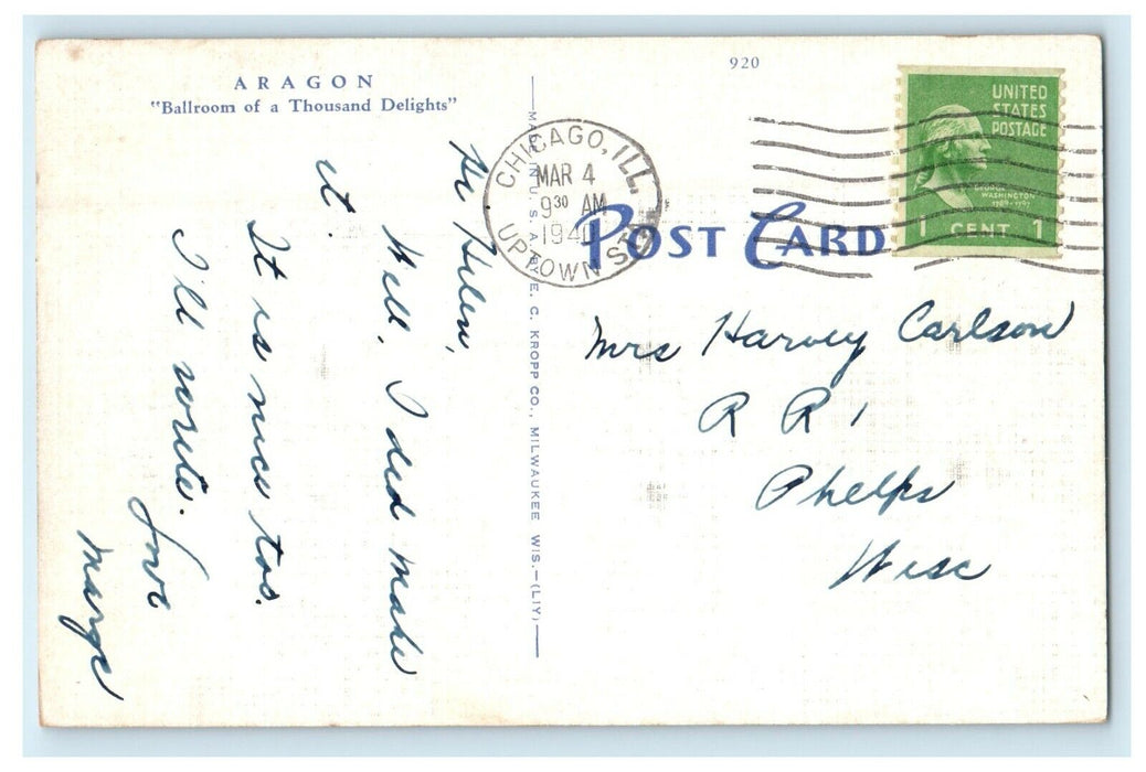1941 Aragon Ballroom Lawrence Near Broadway Chicago Illinois IL Vintage Postcard