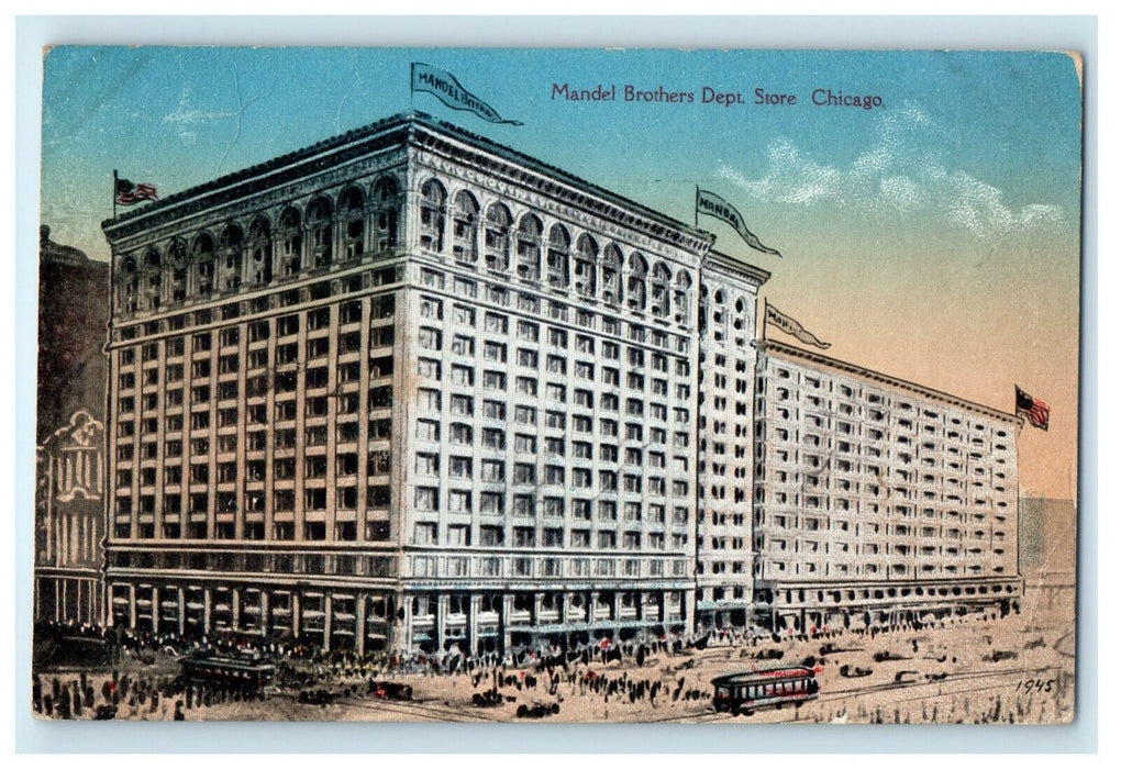 1914 Mandel Brothers Dept. Store Building Trolley Chicago Illinois IL Postcard