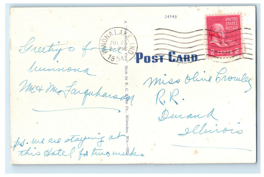 1954 Winona Lake, Winona Hotel Indiana IN Posted Vintage Postcard
